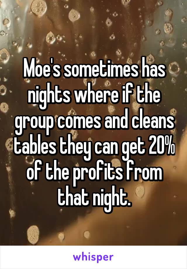 Moe's sometimes has nights where if the group comes and cleans tables they can get 20% of the profits from that night.