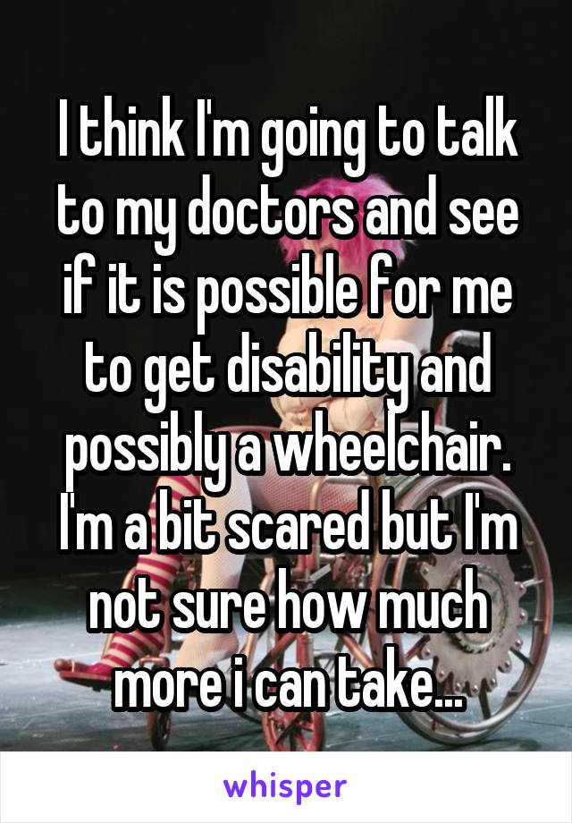 I think I'm going to talk to my doctors and see if it is possible for me to get disability and possibly a wheelchair. I'm a bit scared but I'm not sure how much more i can take...