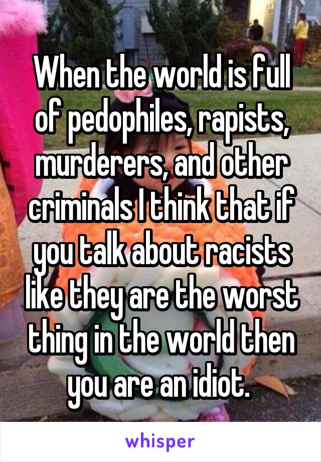 When the world is full of pedophiles, rapists, murderers, and other criminals I think that if you talk about racists like they are the worst thing in the world then you are an idiot. 