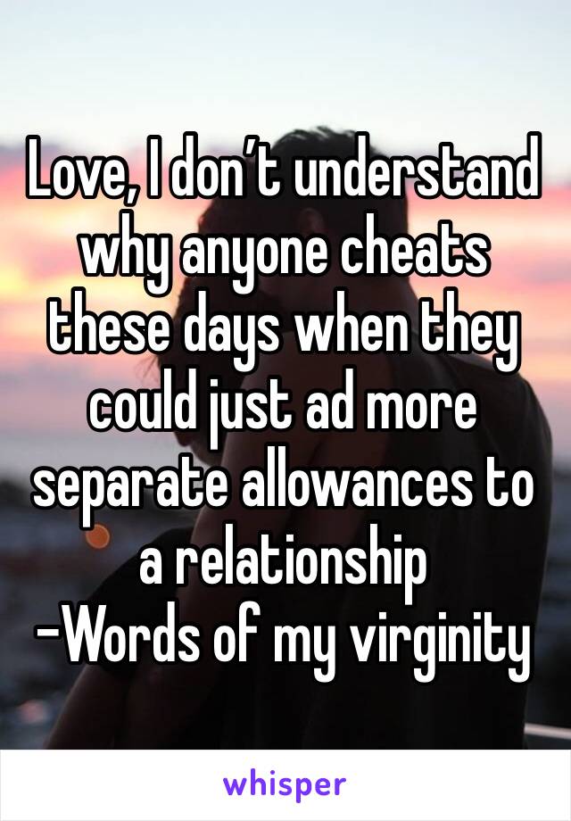 Love, I don’t understand why anyone cheats these days when they could just ad more separate allowances to a relationship 
-Words of my virginity