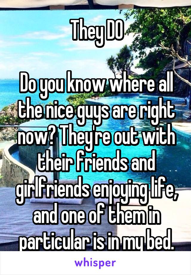 They DO

Do you know where all the nice guys are right now? They're out with their friends and girlfriends enjoying life, and one of them in particular is in my bed.