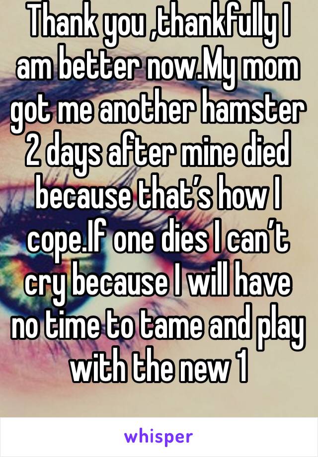 Thank you ,thankfully I am better now.My mom got me another hamster 2 days after mine died because that’s how I cope.If one dies I can’t cry because I will have no time to tame and play with the new 1