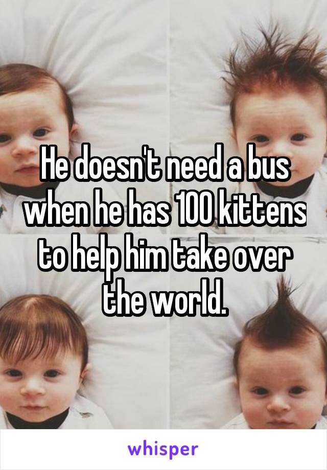 He doesn't need a bus when he has 100 kittens to help him take over the world.
