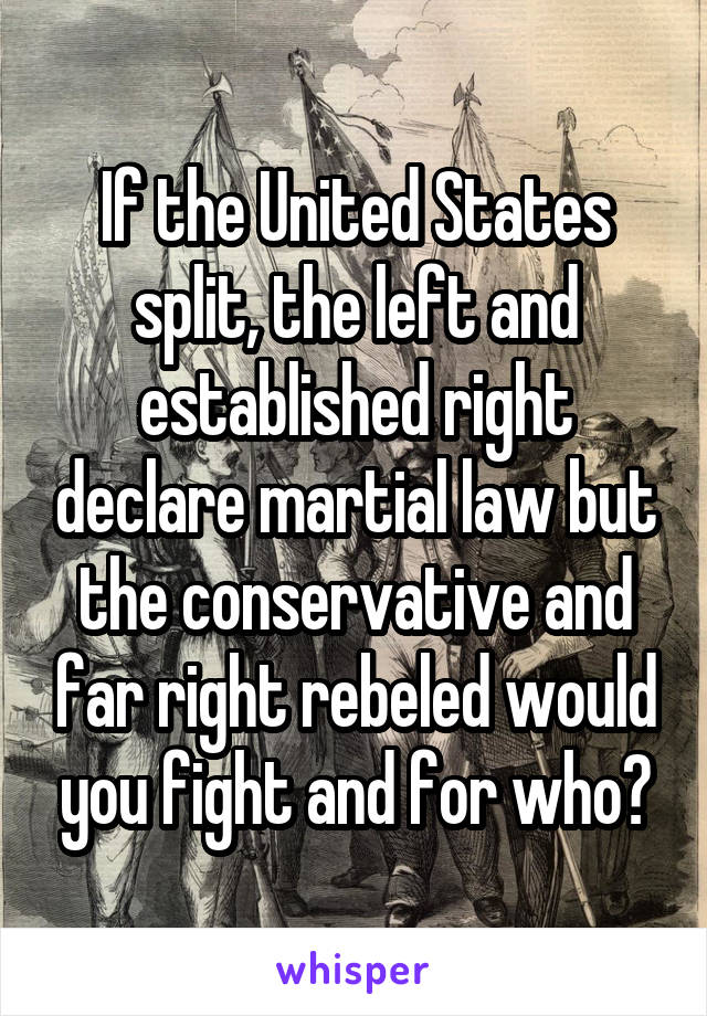 If the United States split, the left and established right declare martial law but the conservative and far right rebeled would you fight and for who?