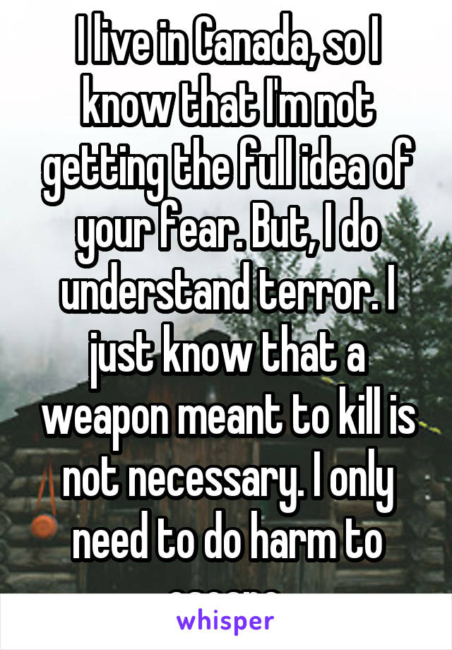 I live in Canada, so I know that I'm not getting the full idea of your fear. But, I do understand terror. I just know that a weapon meant to kill is not necessary. I only need to do harm to escape.