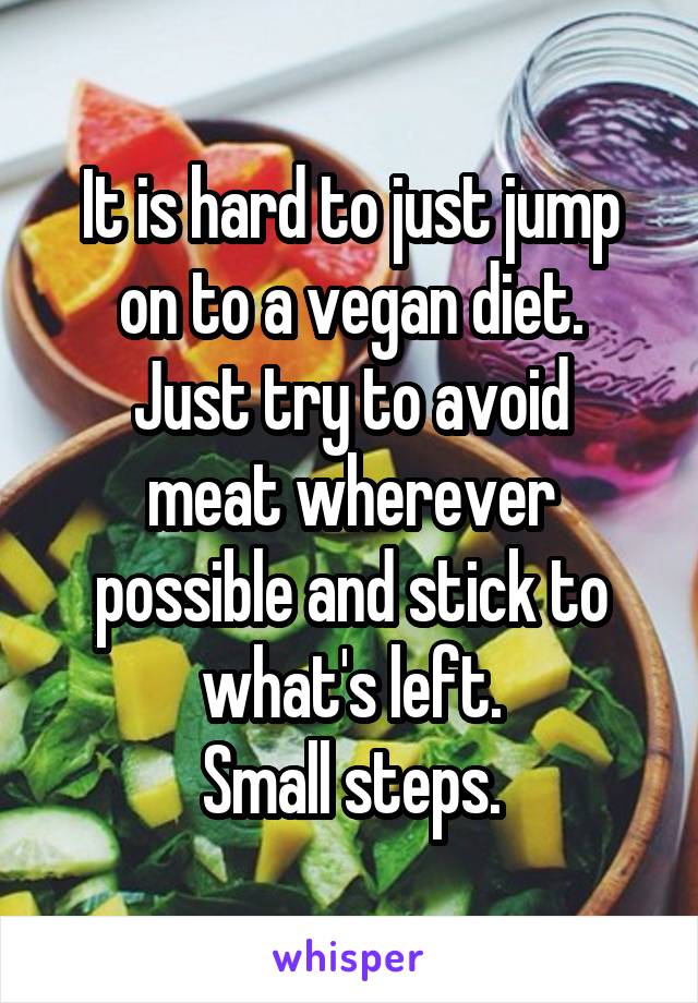 It is hard to just jump on to a vegan diet.
Just try to avoid meat wherever possible and stick to what's left.
Small steps.