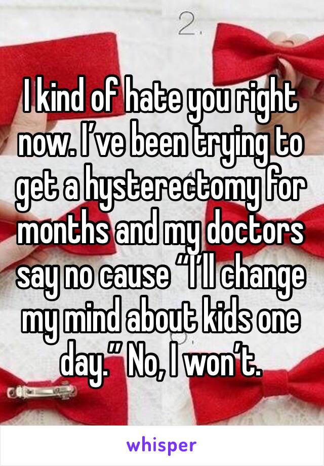 I kind of hate you right now. I’ve been trying to get a hysterectomy for months and my doctors say no cause “I’ll change my mind about kids one day.” No, I won’t.