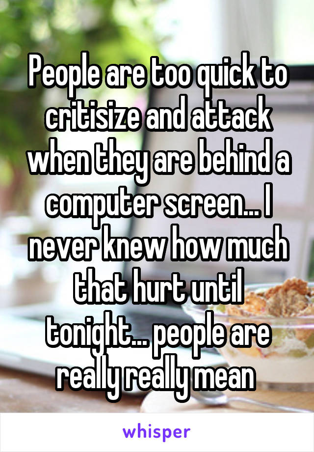 People are too quick to critisize and attack when they are behind a computer screen... I never knew how much that hurt until tonight... people are really really mean 