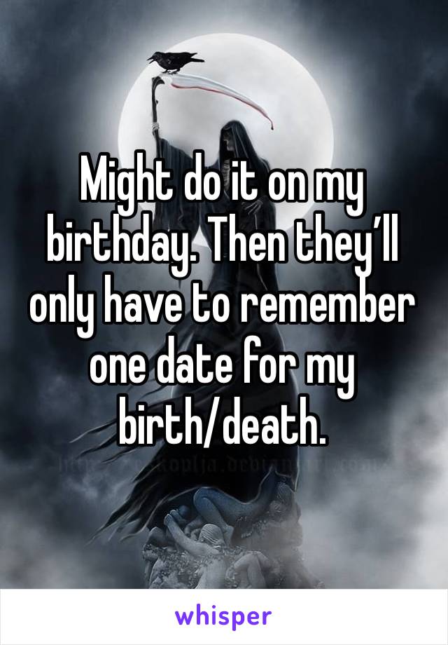 Might do it on my birthday. Then they’ll only have to remember one date for my 
birth/death. 