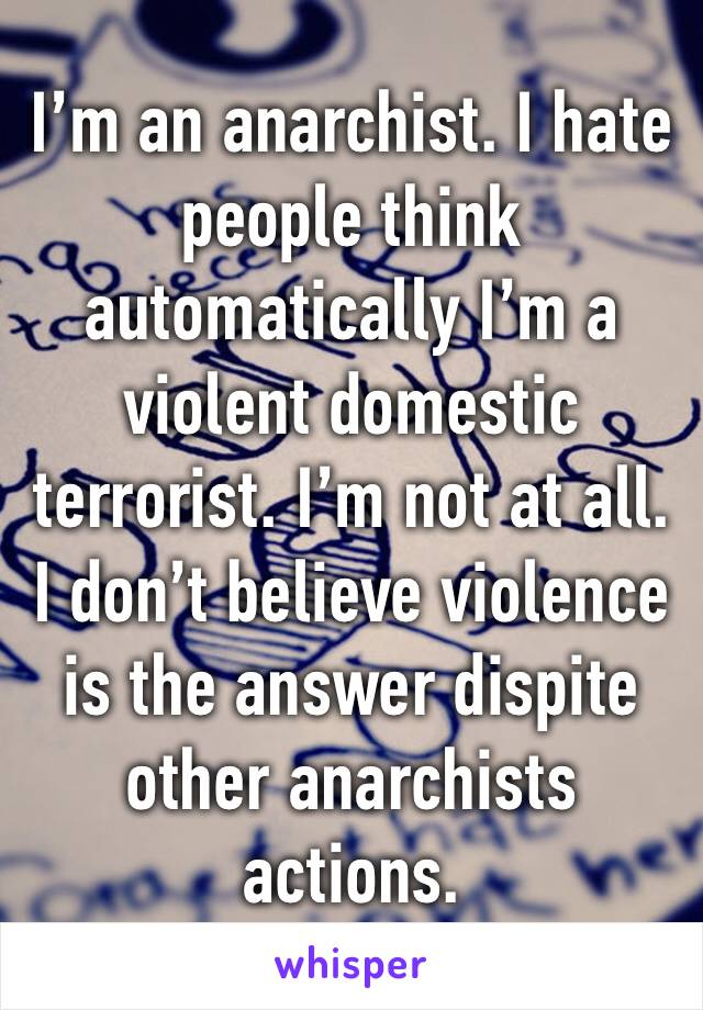 I’m an anarchist. I hate people think automatically I’m a violent domestic terrorist. I’m not at all. I don’t believe violence is the answer dispite other anarchists actions. 