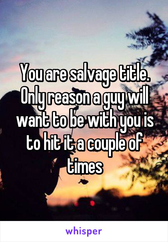 You are salvage title. Only reason a guy will want to be with you is to hit it a couple of times