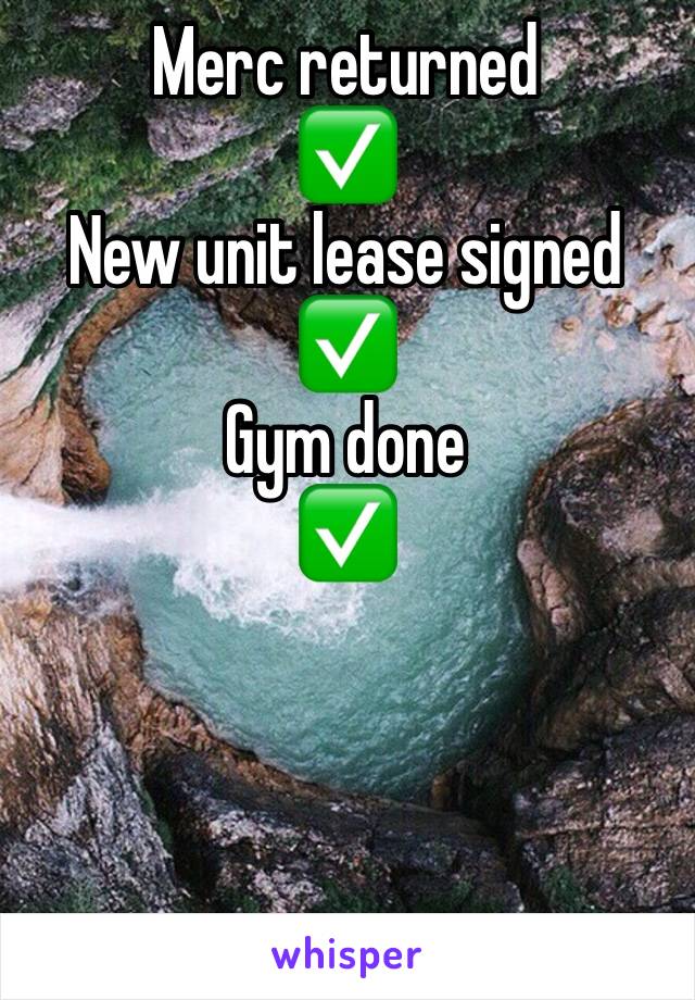 Merc returned 
✅ 
New unit lease signed 
✅ 
Gym done 
✅ 



