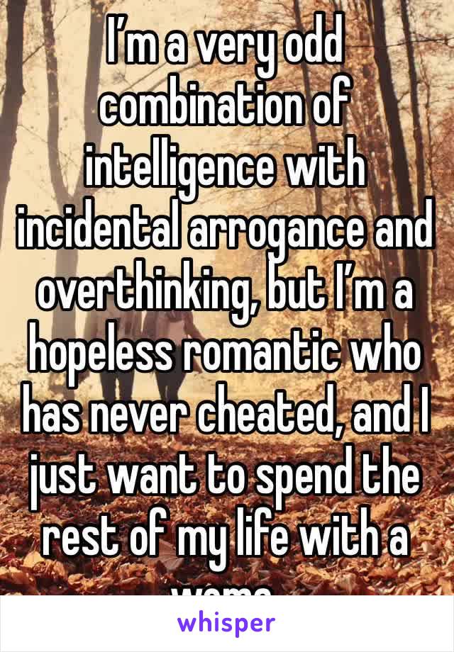 I’m a very odd combination of intelligence with incidental arrogance and overthinking, but I’m a hopeless romantic who has never cheated, and I just want to spend the rest of my life with a woma.
