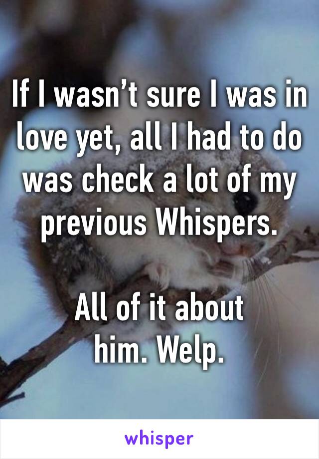 If I wasn’t sure I was in love yet, all I had to do was check a lot of my previous Whispers. 

All of it about him. Welp.