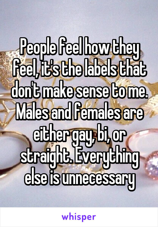 People feel how they feel, it's the labels that don't make sense to me. Males and females are either gay, bi, or straight. Everything else is unnecessary