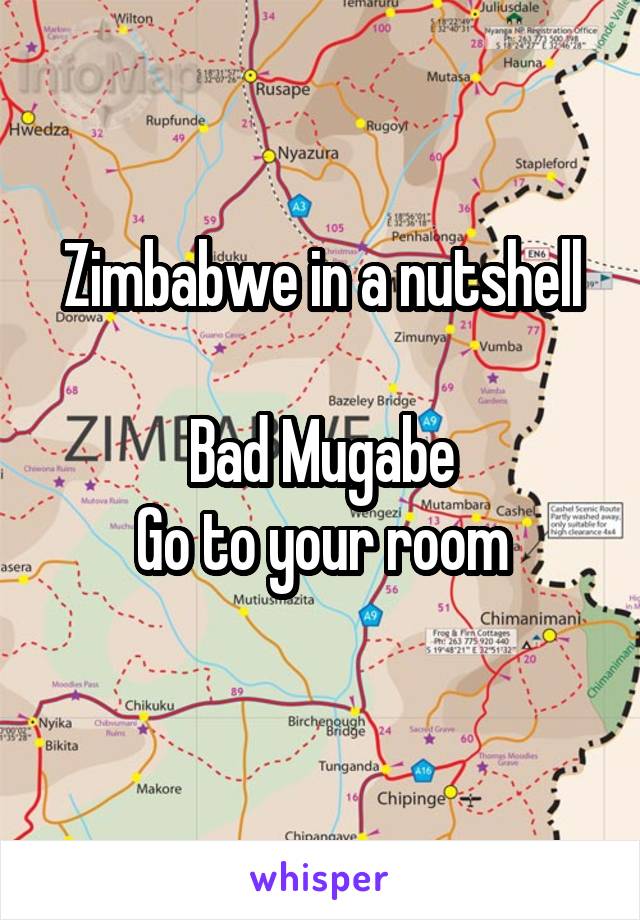 
Zimbabwe in a nutshell

Bad Mugabe
Go to your room

