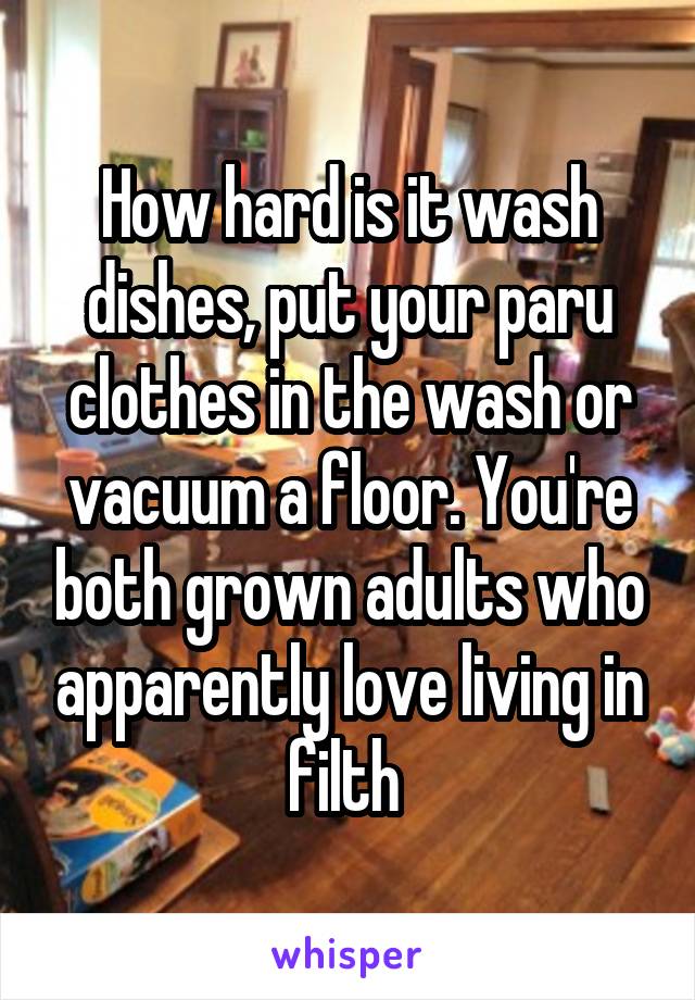 How hard is it wash dishes, put your paru clothes in the wash or vacuum a floor. You're both grown adults who apparently love living in filth 