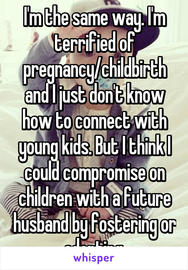 I'm the same way. I'm terrified of pregnancy/childbirth and I just don't know how to connect with young kids. But I think I could compromise on children with a future husband by fostering or adopting.
