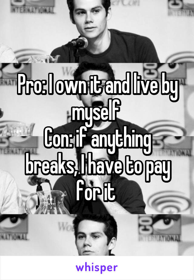 Pro: I own it and live by myself 
Con: if anything breaks, I have to pay for it 