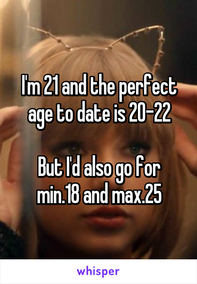 I'm 21 and the perfect age to date is 20-22

But I'd also go for min.18 and max.25