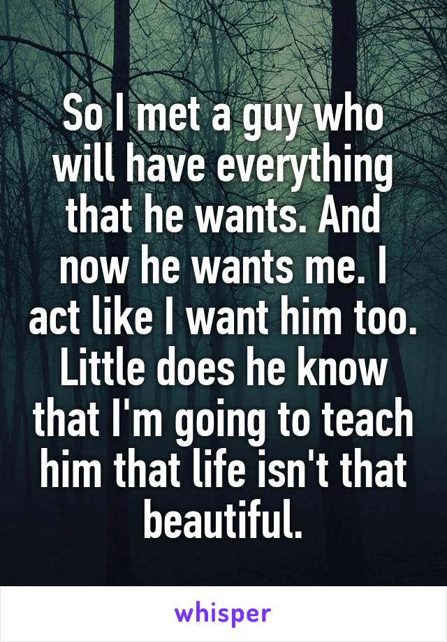 So I met a guy who will have everything that he wants. And now he wants me. I act like I want him too.
Little does he know that I'm going to teach him that life isn't that beautiful.