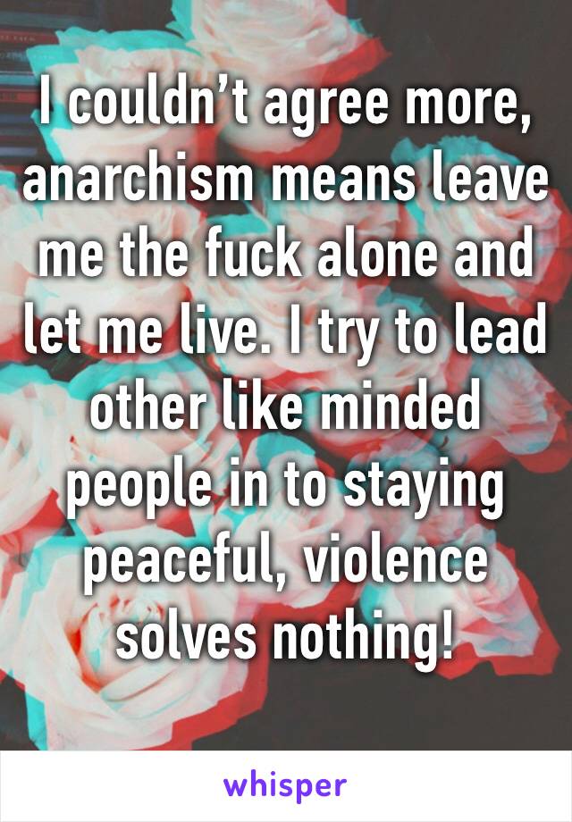 I couldn’t agree more, anarchism means leave me the fuck alone and let me live. I try to lead other like minded people in to staying peaceful, violence solves nothing! 