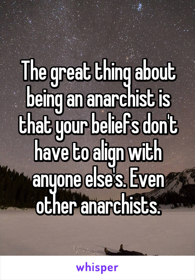 The great thing about being an anarchist is that your beliefs don't have to align with anyone else's. Even other anarchists.