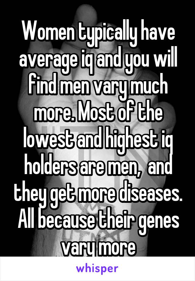 Women typically have average iq and you will find men vary much more. Most of the lowest and highest iq holders are men,  and they get more diseases. All because their genes vary more