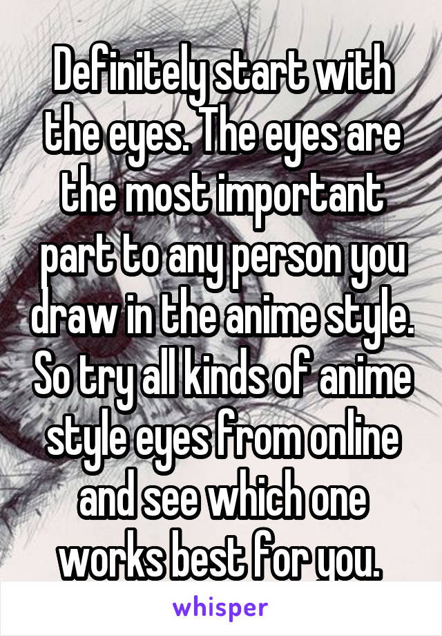 Definitely start with the eyes. The eyes are the most important part to any person you draw in the anime style. So try all kinds of anime style eyes from online and see which one works best for you. 