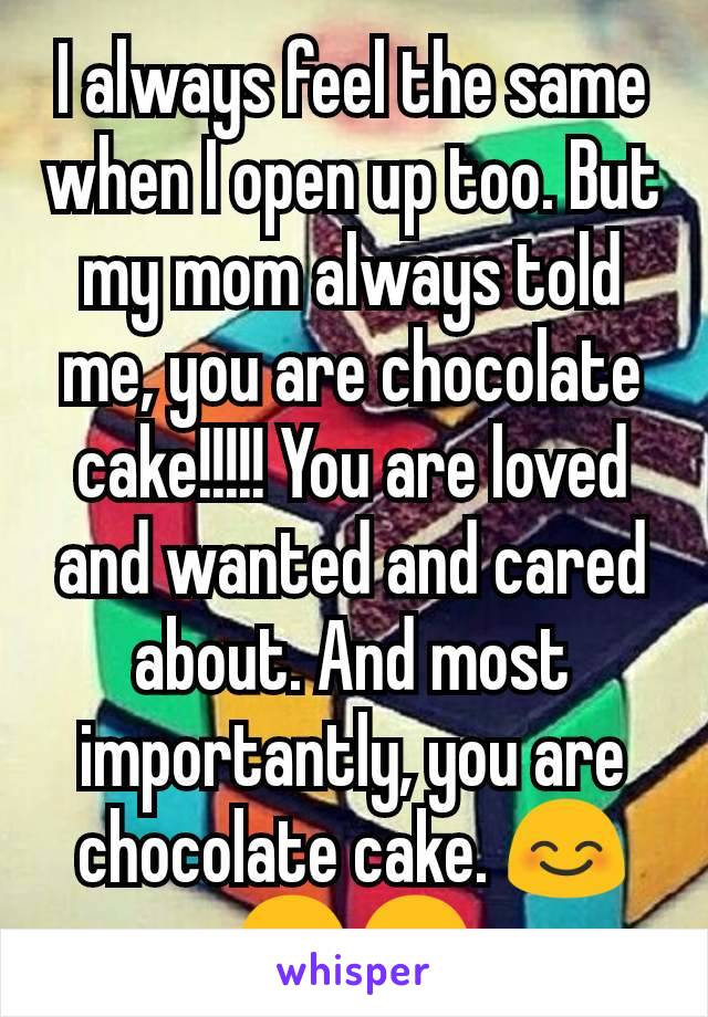 I always feel the same when I open up too. But my mom always told me, you are chocolate cake!!!!! You are loved and wanted and cared about. And most importantly, you are chocolate cake. 😊😊😊