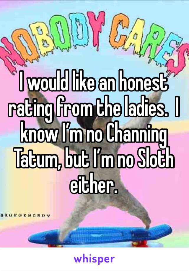 I would like an honest rating from the ladies.  I know I’m no Channing Tatum, but I’m no Sloth either.