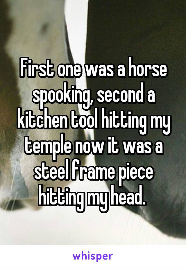 First one was a horse spooking, second a kitchen tool hitting my temple now it was a steel frame piece hitting my head. 