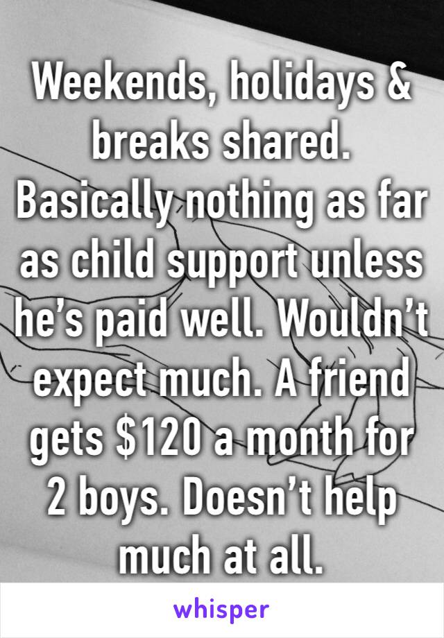 Weekends, holidays & breaks shared. Basically nothing as far as child support unless he’s paid well. Wouldn’t expect much. A friend gets $120 a month for 2 boys. Doesn’t help much at all.