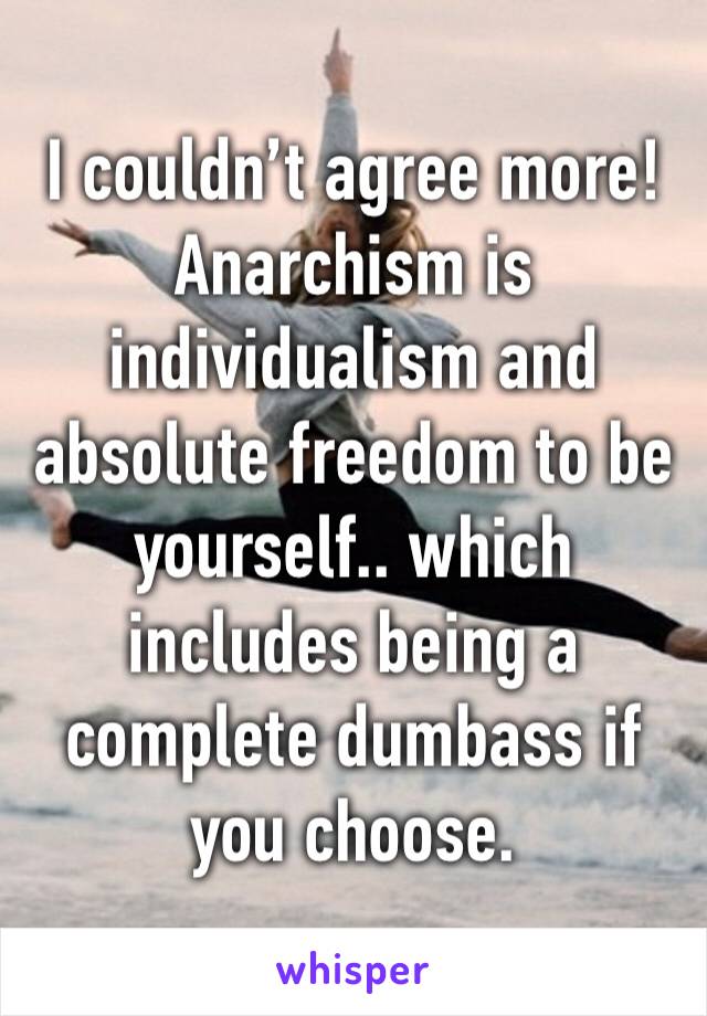 I couldn’t agree more! Anarchism is individualism and absolute freedom to be yourself.. which includes being a complete dumbass if you choose. 