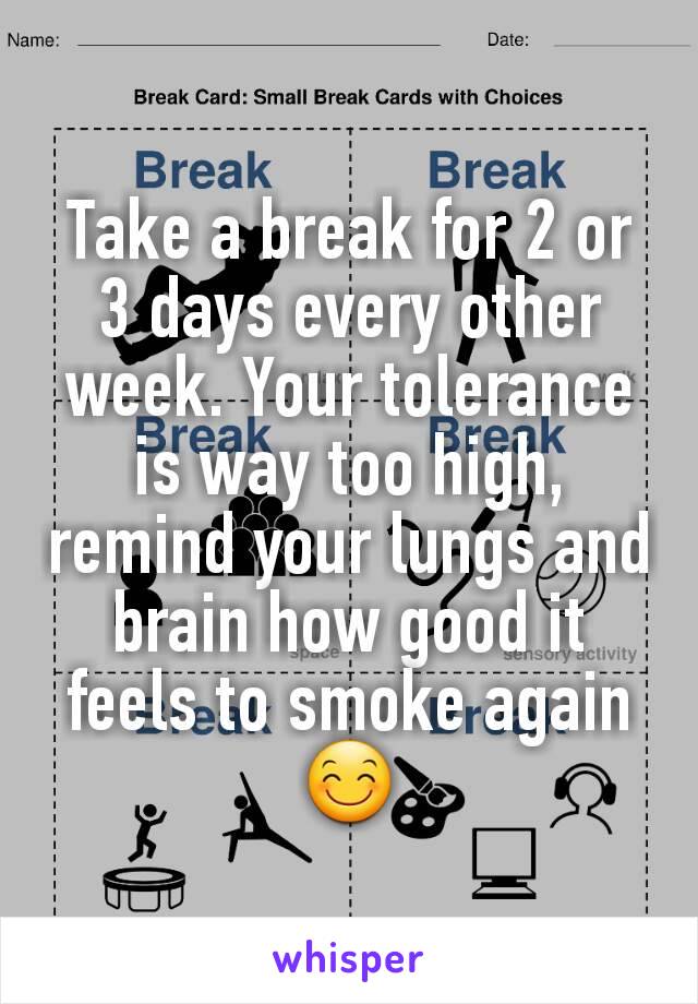 Take a break for 2 or 3 days every other week. Your tolerance is way too high, remind your lungs and brain how good it feels to smoke again 😊