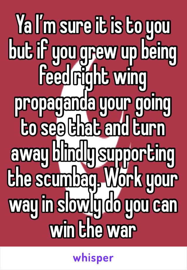 Ya I’m sure it is to you but if you grew up being feed right wing propaganda your going to see that and turn away blindly supporting the scumbag. Work your way in slowly do you can win the war
