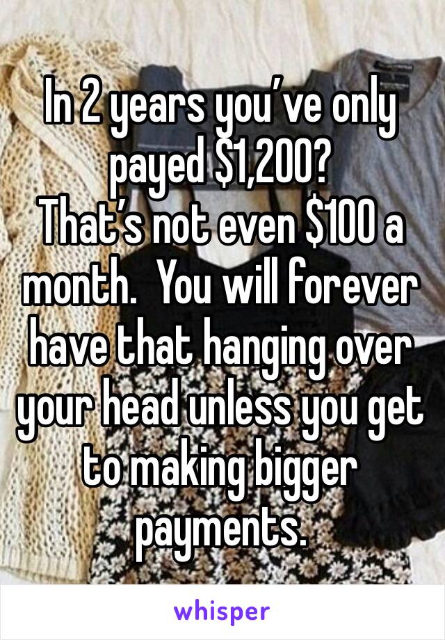 In 2 years you’ve only payed $1,200? 
That’s not even $100 a month.  You will forever have that hanging over your head unless you get to making bigger payments.