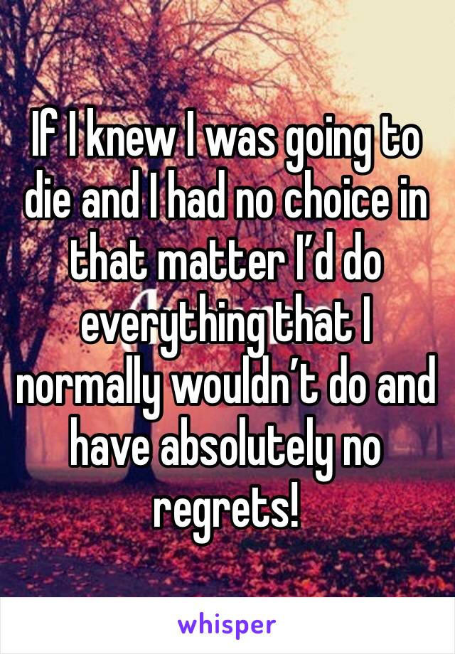 If I knew I was going to die and I had no choice in that matter I’d do everything that I normally wouldn’t do and have absolutely no regrets!