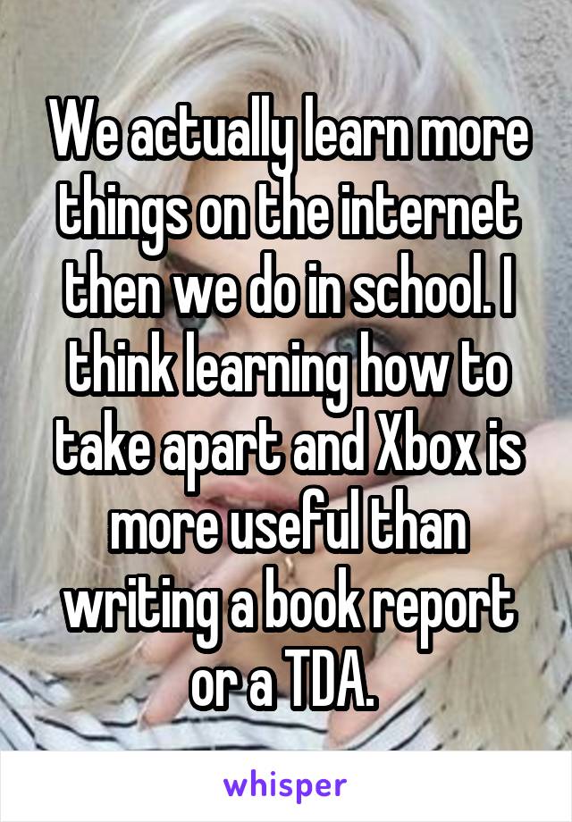 We actually learn more things on the internet then we do in school. I think learning how to take apart and Xbox is more useful than writing a book report or a TDA. 