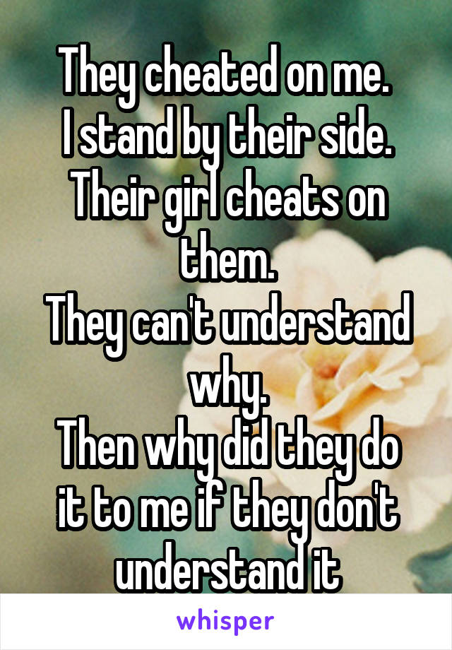 They cheated on me. 
I stand by their side.
Their girl cheats on them.
They can't understand why.
Then why did they do it to me if they don't understand it