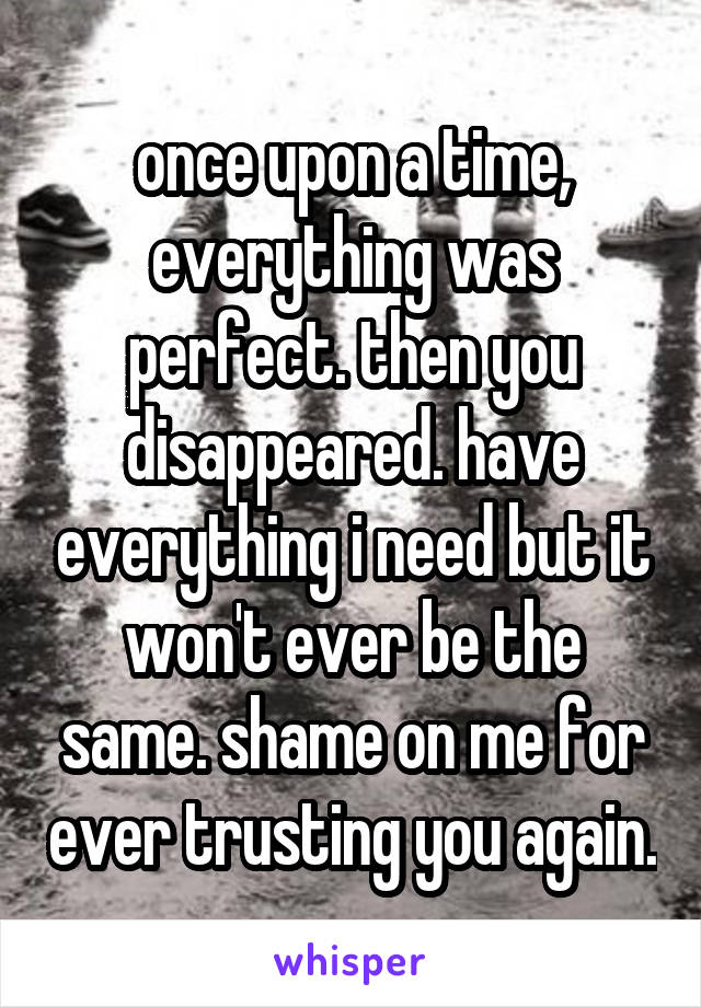 once upon a time, everything was perfect. then you disappeared. have everything i need but it won't ever be the same. shame on me for ever trusting you again.