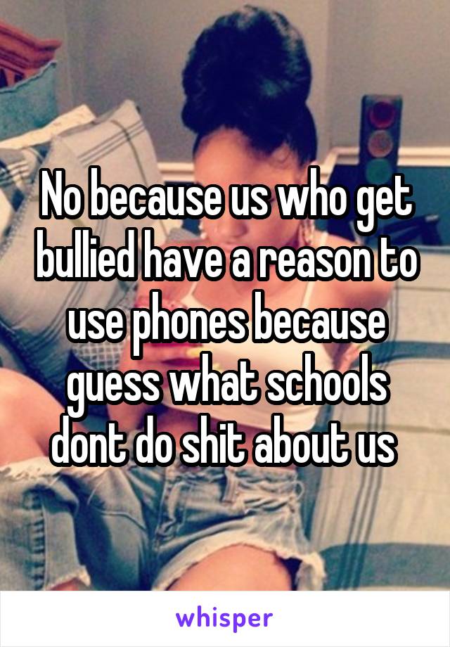 No because us who get bullied have a reason to use phones because guess what schools dont do shit about us 