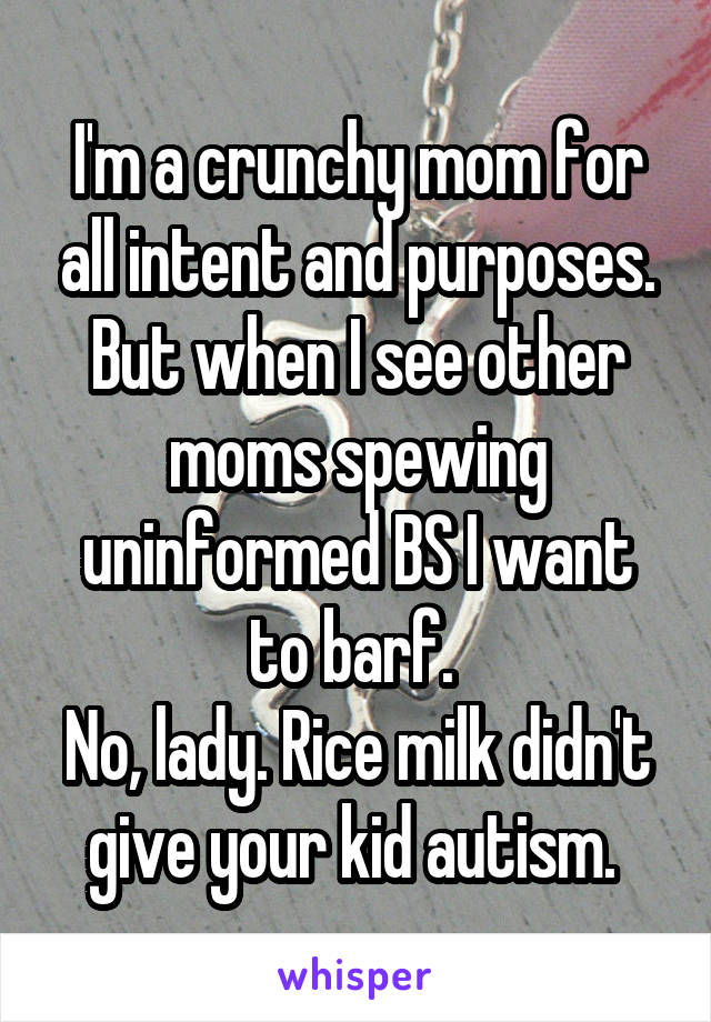 I'm a crunchy mom for all intent and purposes. But when I see other moms spewing uninformed BS I want to barf. 
No, lady. Rice milk didn't give your kid autism. 