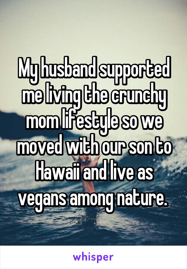 My husband supported me living the crunchy mom lifestyle so we moved with our son to Hawaii and live as vegans among nature. 