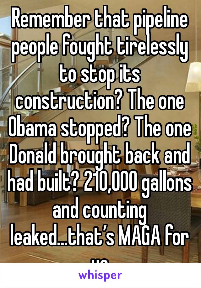 Remember that pipeline people fought tirelessly to stop its construction? The one Obama stopped? The one Donald brought back and had built? 210,000 gallons and counting leaked...that’s MAGA for ya