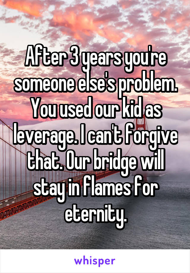 After 3 years you're someone else's problem. You used our kid as leverage. I can't forgive that. Our bridge will stay in flames for eternity.