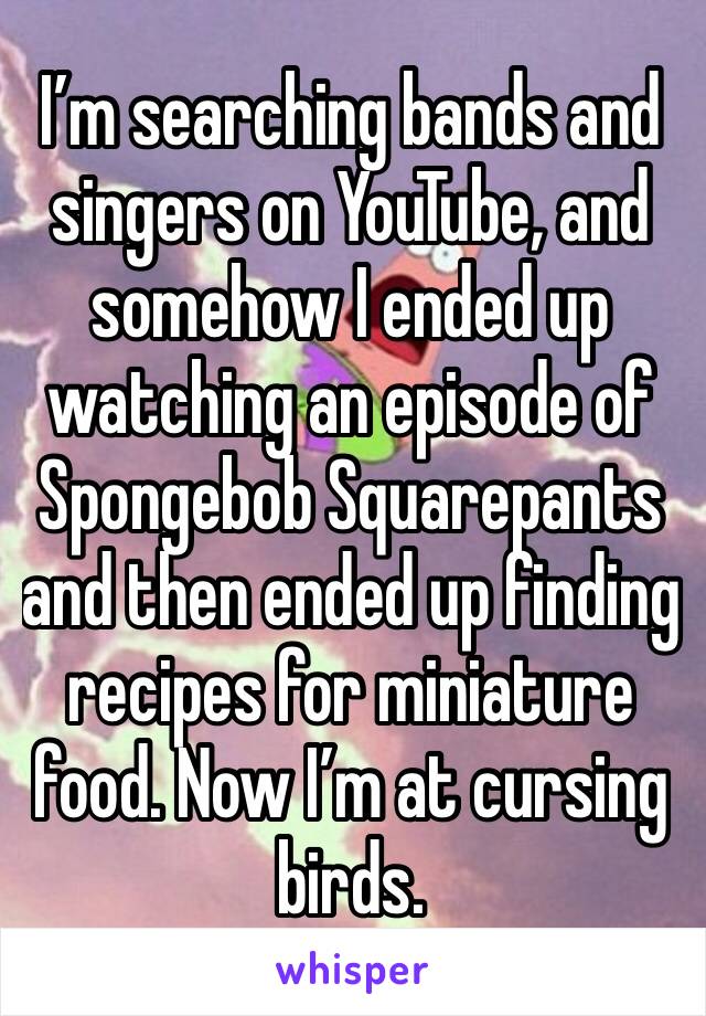 I’m searching bands and singers on YouTube, and somehow I ended up watching an episode of Spongebob Squarepants and then ended up finding recipes for miniature food. Now I’m at cursing birds.