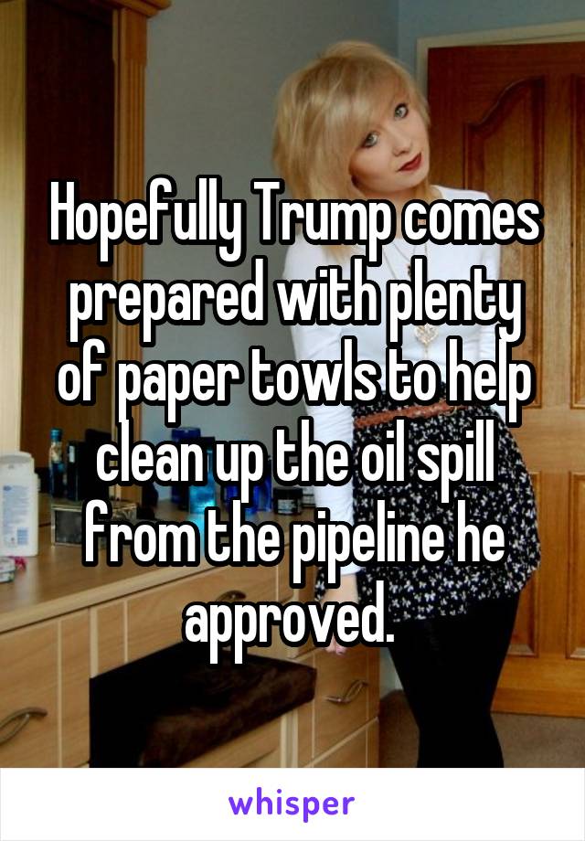 Hopefully Trump comes prepared with plenty of paper towls to help clean up the oil spill from the pipeline he approved. 