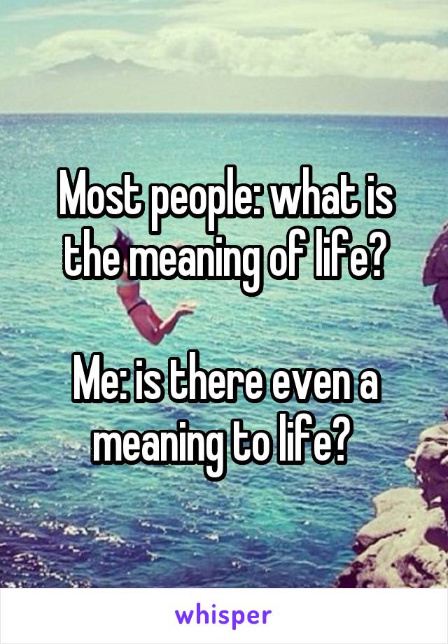Most people: what is the meaning of life?

Me: is there even a meaning to life? 