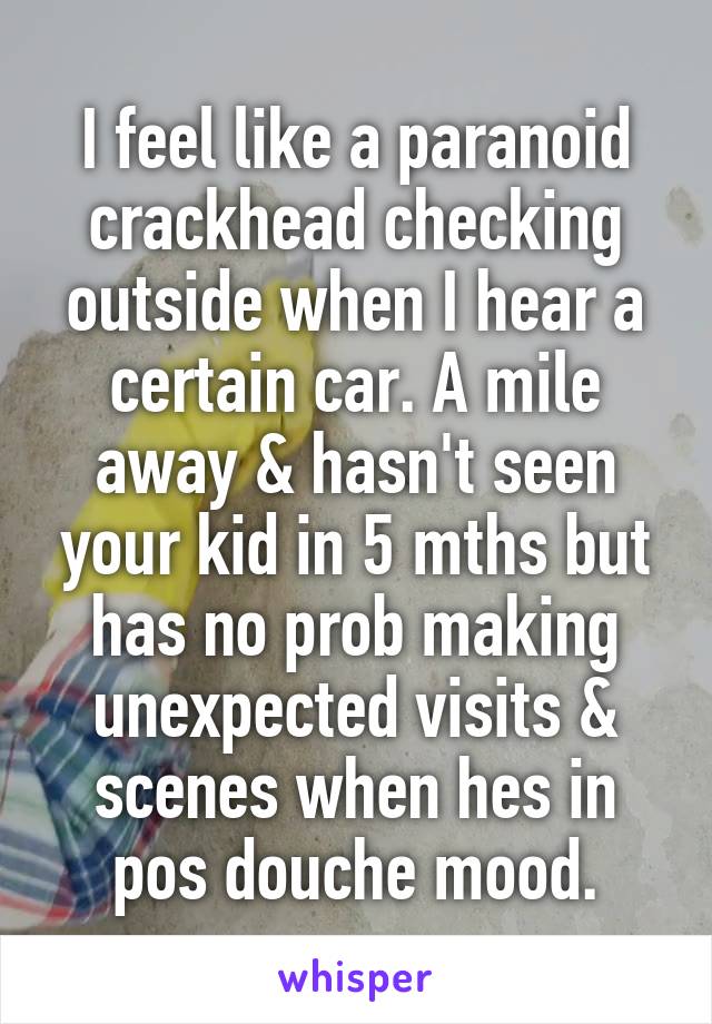 I feel like a paranoid crackhead checking outside when I hear a certain car. A mile away & hasn't seen your kid in 5 mths but has no prob making unexpected visits & scenes when hes in pos douche mood.